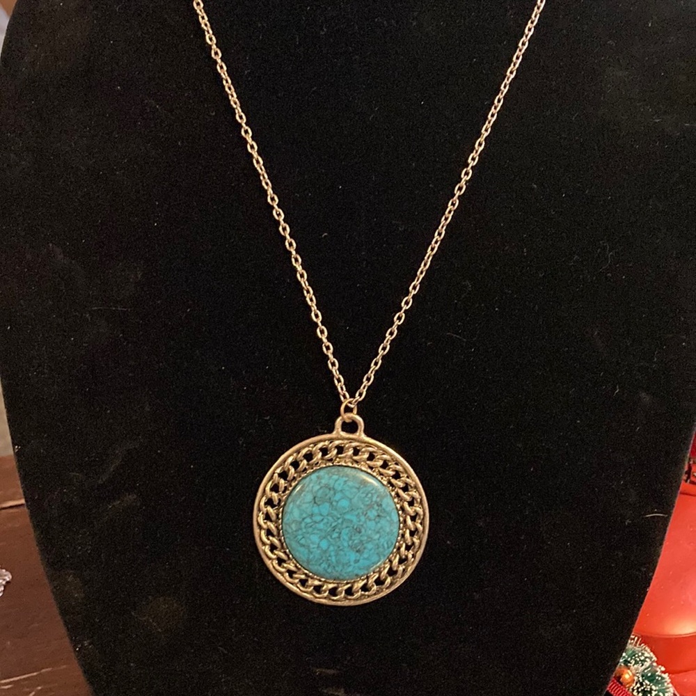 Large Vintage faux  turquoise medallion necklace
